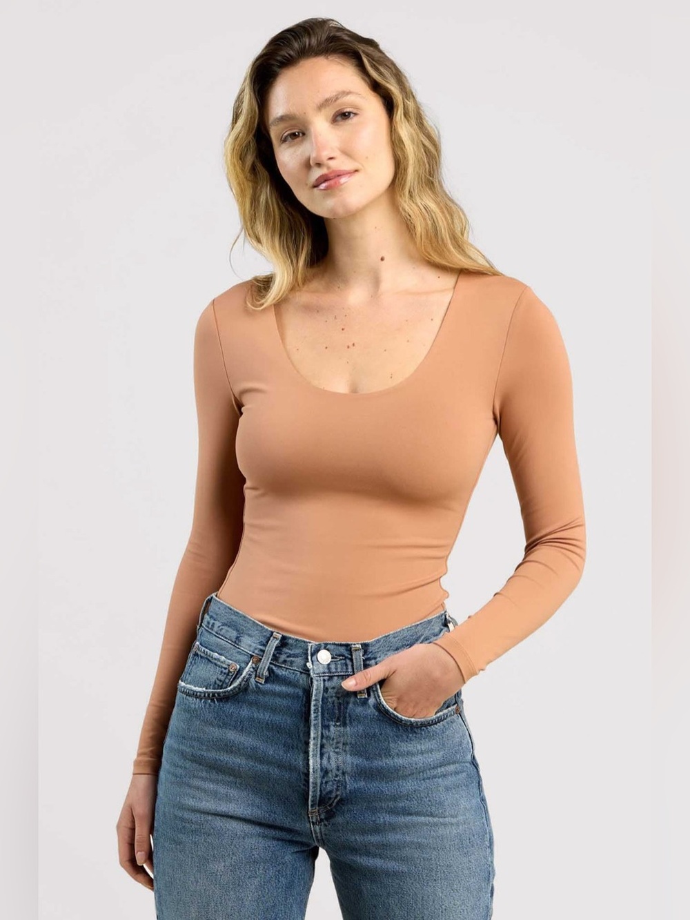 Nuuds NEW Long Sleeve Scoop Neck Bodysuit in Clay Brown, Size S